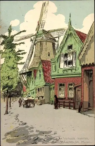 Künstler Ak Zaandijk Nordholland, Molen, Verkade's Biskwie Fabriek Zaandam