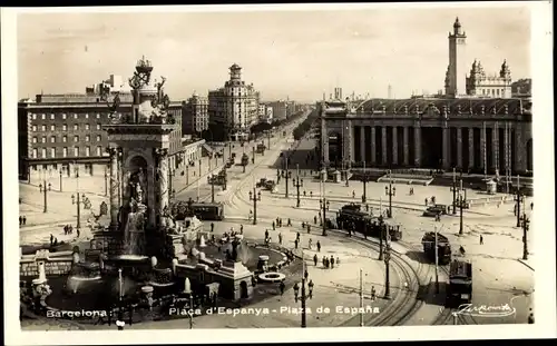 Ak Barcelona Katalonien Spanien, Plaza de Espana, Straßenbahn