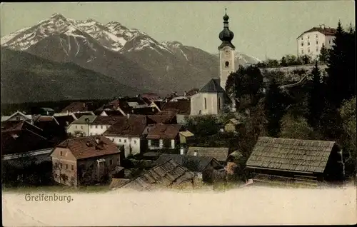 Ak Greifenburg in Kärnten, Panorama, Kirchturm, Berge