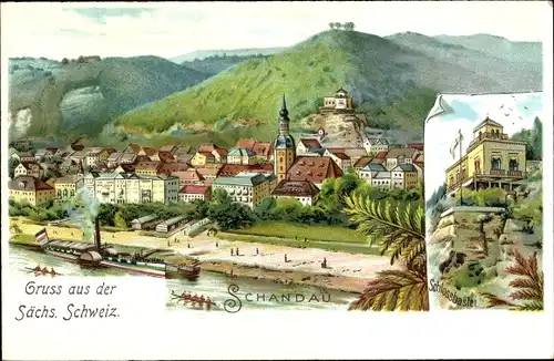 Litho Bad Schandau Sächsische Schweiz, Schlossbastei, Dampfer