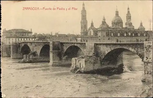 Ak Zaragoza Saragossa Aragonien, Puente de Piedra y el Pilar