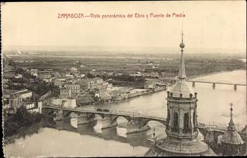 Ak Zaragoza Saragossa Aragonien, Vista panoramica del Ebro y Puente de Piedra
