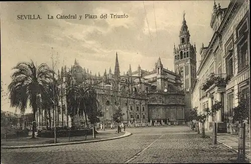 Ak Sevilla Andalusien, La Catedral y Plaza del Triunfo