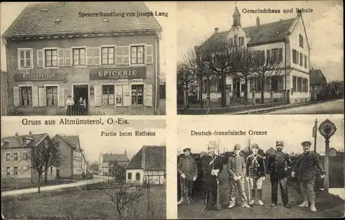 Ak Montreux Vieux Altmünsterol Elsass Haut Rhin, Spezereihandlung Joseph Lang, Rathaus, Grenze