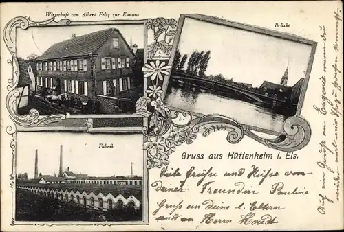 Ak Huttenheim Hüttenheim bei Benfeld Elsass Bas Rhin, Wirtschaft zur Kanone, Fabrik, Brücke