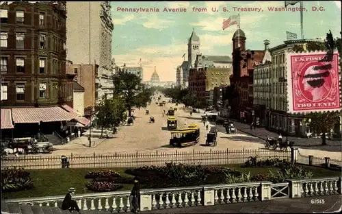 Ak Washington DC USA, Pennsylvania Avenue from U. S. Treasury, Straßenbahn