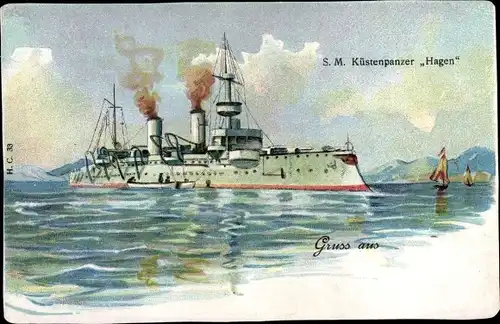 Litho Deutsches Kriegsschiff, SMS Hagen, Küstenpanzerschiff