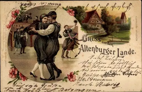 Litho Gruß aus dem Altenburger Lande, Tanz auf dem Lande, Trachten Thüringen