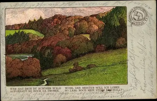 Ak Hoffmann's Stärkefabriken, Blick auf eine Ortschaft, Wer hat dich du schöner Wald...