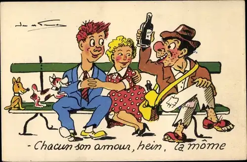 Künstler Ak Betrunkener mit Bierflasche, Liebespaar, Hunde