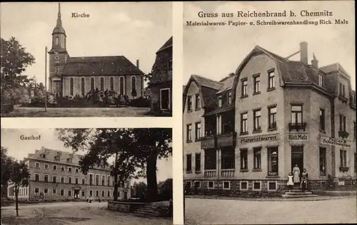 Ak Reichenbrand Chemnitz in Sachsen, Gasthof, Kirche, Materialwarenhandlung