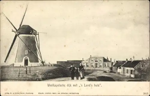 Ak Westkapelle Walcheren Zeeland, Westkapelsche dijk met 's Land's huis, Windmühle