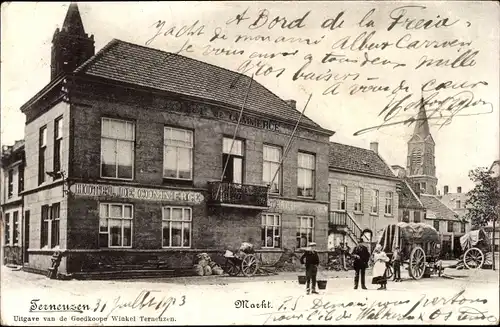 Ak Terneuzen Zeeland Niederlande, Markt, Hotel de Commerce