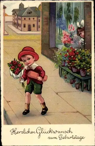 Ak Glückwunsch Geburtstag, Gratulant mit Blumenstrauß, Geschenk