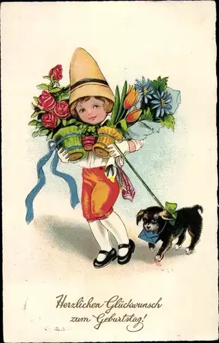 Ak Glückwunsch Geburtstag, Mädchen, Hund, Blumen