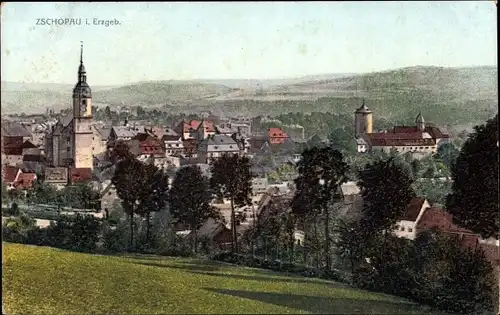 Ak Zschopau im Erzgebirge Sachsen, Ortsansicht mit Kirche und Schloss