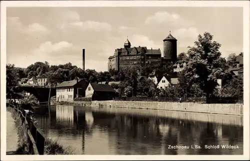 Ak Zschopau im Erzgebirge Sachsen, Blick über den Fluss zum Schloss Wildeck
