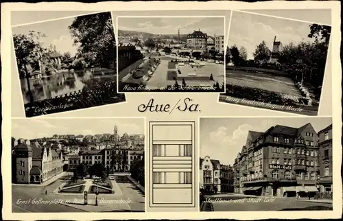 Ak Aue im Erzgebirge Sachsen, Carola Anlagen, Stadthaus, Stadt-Cafe, Ernst Geßner Platz, Dürerschule