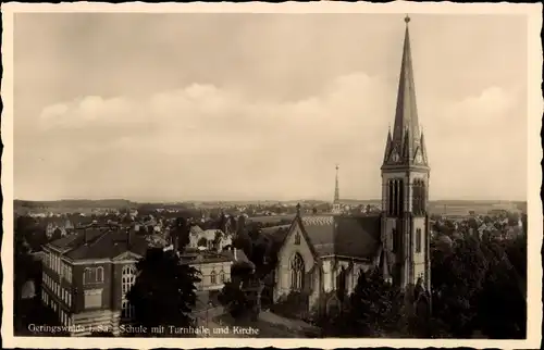 Ak Geringswalde Sachsen, Schule mit Turnhalle und Kirche