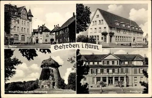 Ak Gehrden i. Hann. Steintor, Sparkasse, Franzburg, Windmühle auf dem Kötnerberg