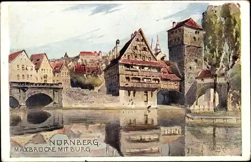 Künstler Ak Nürnberg in Mittelfranken, Maxbrücke mit Burg