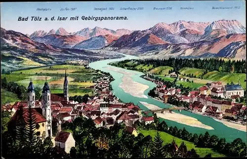 Ak Bad Tölz Oberbayern, Blick auf die Stadt und die Isar mit Gebirgspanorama