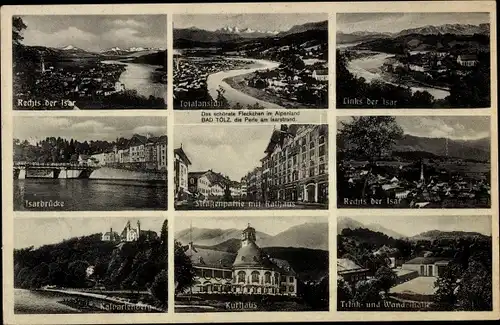 Ak Bad Tölz in Oberbayern, Straßenpartie, Rathaus, Kurhaus, Isarbrücke, Kalvarienberg