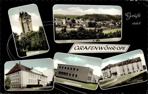 Ak Grafenwöhr in der Oberpfalz Bayern, Total, Schule, Jugendwohnheim, Wasserturm