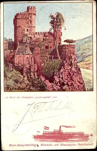 Künstler Ak Trechtingshausen am Rhein, Burg Rheinstein, Rhein-Dampfschifffahrt