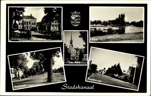 Ak Stadskanaal Groningen, Ger. Kerk, Park, Poststraat, Hoofstraat, Gemeentehuis