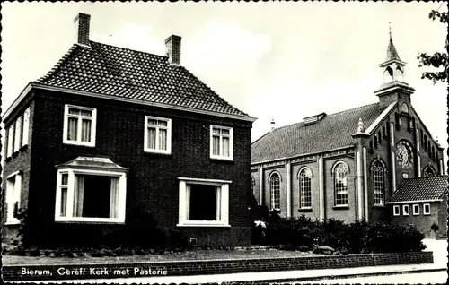 Ak Bierum Groningen, Geref. Kerk met Pastorie