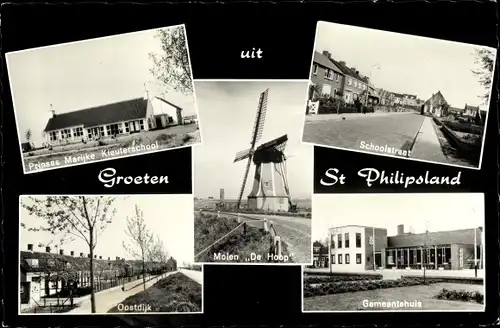 Ak Sint Philipsland Zeeland, Molen De Hoop, Gemeentehuis, School,Schoolstraat