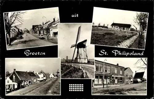 Ak Sint Philipsland Zeeland, Straßenpartie, Windmühle, Detailansichten