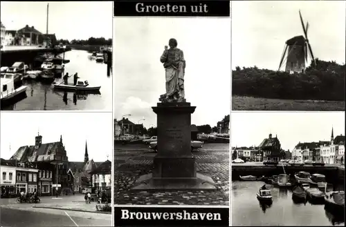 Ak Brouwershaven Zeeland, Cafetaria 't Seepaerd, Markt, Monument, Haven, Molen
