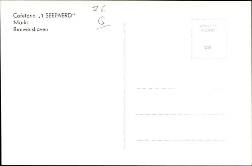 Ak Brouwershaven Zeeland, Cafetaria 't Seepaerd, Markt, Monument, Haven, Molen