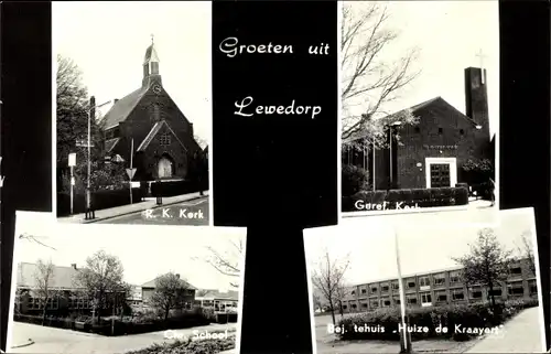 Ak Lewedorp Zeeland Niederlande, Geref. Kerk, R. K. Kerk, Chr. School