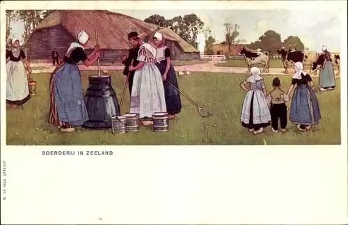 Künstler Litho Cassiers, H., Zeeland, Boerderij in Zeeland, Bauernhof, Butterfass, Trachten