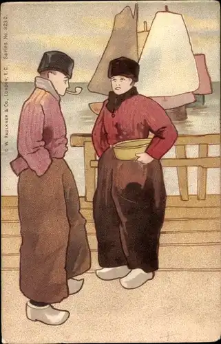 Litho Zwei Niederländer in Trachten am Wasser, Segelboote