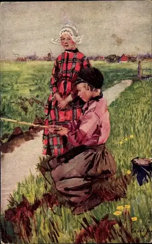 Künstler Ak Junge beim Angeln, Niederländische Trachten, Fluss