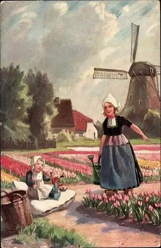 Ak Kinder in niederländischen Trachten, Tulpenfeld, Korb, Windmühle, Gießkanne