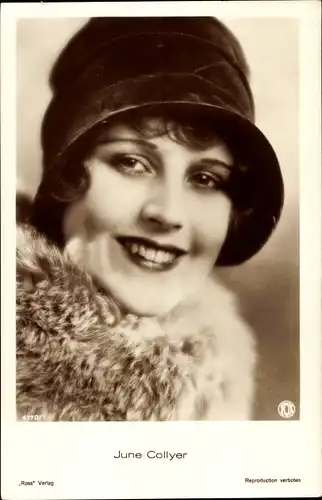 Ak Schauspielerin June Collyer, Portrait mit Hut
