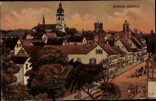 Künstler Ak Groß Gerau in Hessen, Blick auf Stadt und Kirche