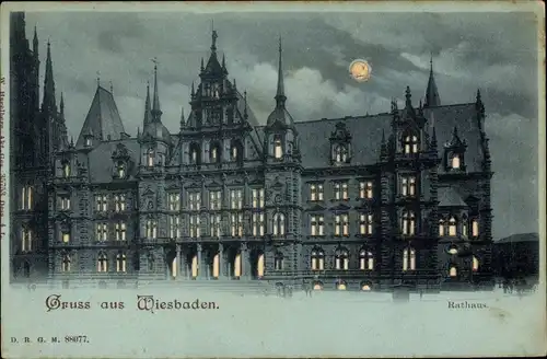 Mondschein Ak Wiesbaden in Hessen, Rathaus
