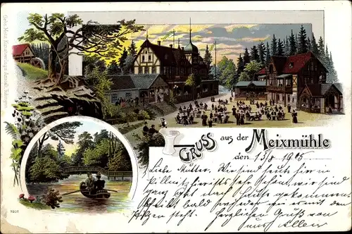 Litho Dresden Pillnitz, Meixmühle im Friedrichsgrund, Ruderboot