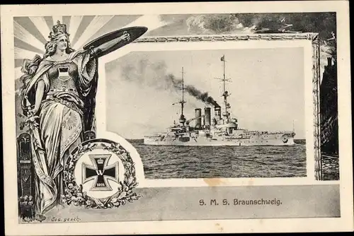 Passepartout Ak Deutsches Kriegsschiff, SMS Braunschweig, Linienschiff, Eisernes Kreuz