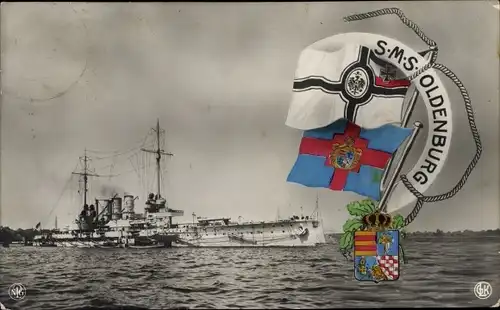 Ak Deutsches Kriegsschiff, SMS Oldenburg, Großlinienschiff, Fahnen