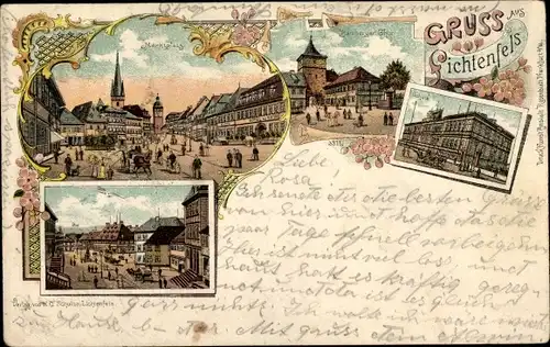 Litho Lichtenfels im Obermainland Oberfranken, Marktplatz, Bamberger Tor, Schule, Straßenpartie