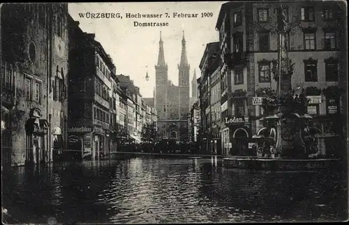 Ak Würzburg am Main Unterfranken, Hochwasser 1909, Domstraße