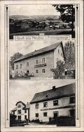 Ak Neubau Fichtelberg im Fichtelgebirge Oberfranken, Gasthof Gg. Specht, Pension, Blick auf den Ort