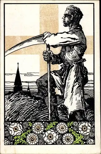 Ak Bauer mit Sense, Blume, Fest, Propaganda